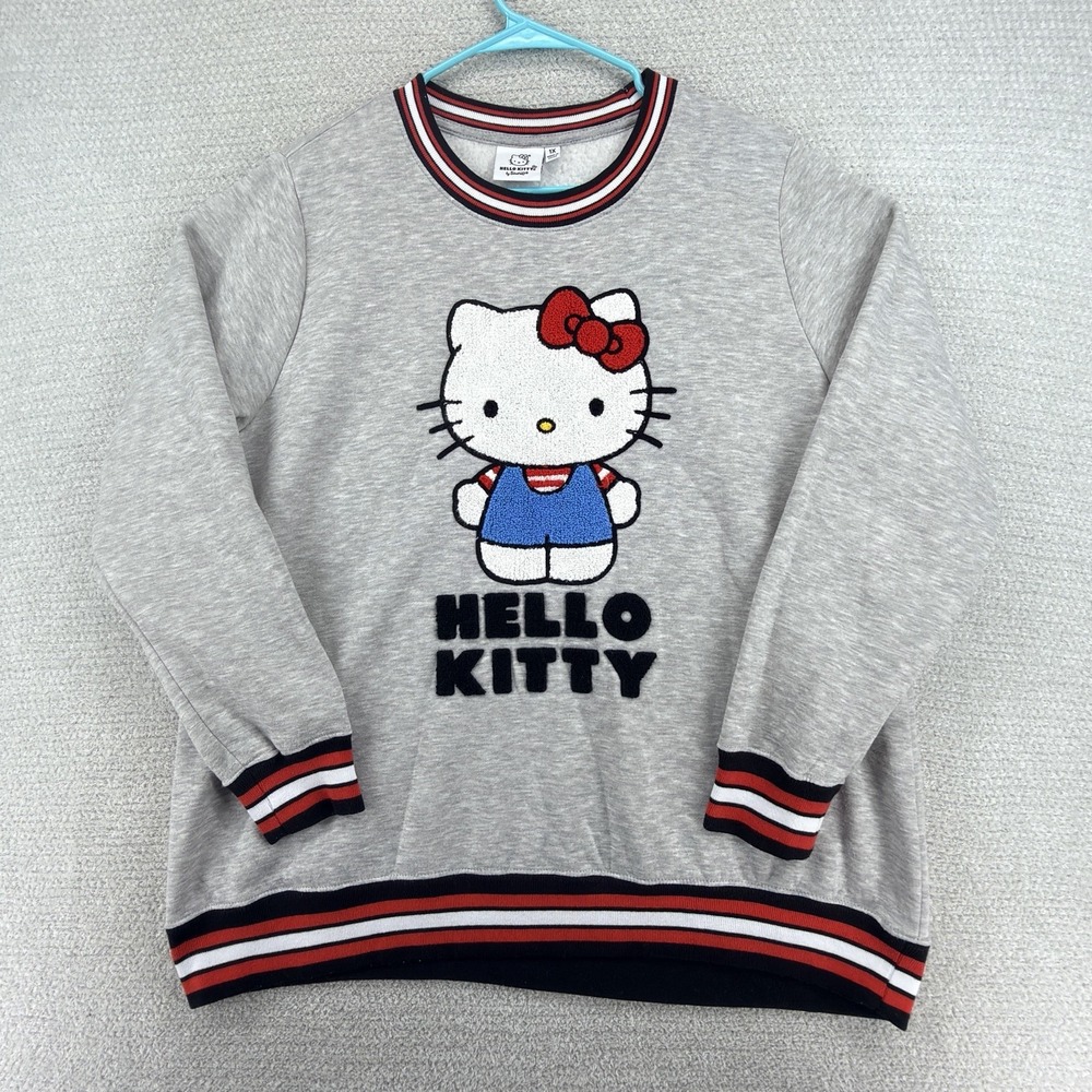 Hello Kitty Sanrio Sweatshirt Womens 1X Gray Chenille Embroidered Varsity